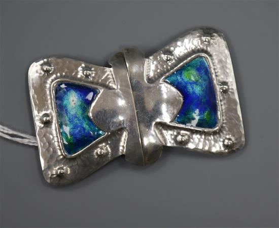 An Edwardian Art Nouveau Liberty & Co silver and enamel belt buckle, Birmingham, 1908, 72mm.